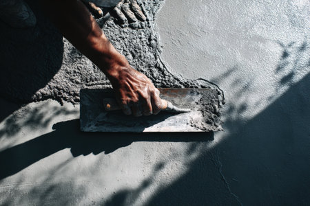 Close-up image of a worker using a trowel to smooth freshly poured concrete. The photo captures natural shadows and texture contrast, highlighting the craftsmanship involved.の素材