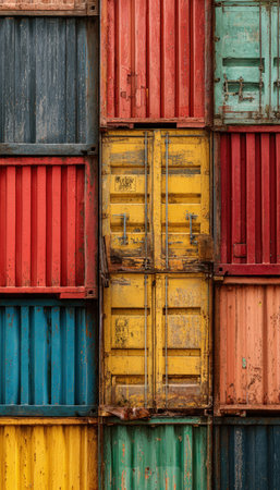High-resolution close-up image of stacked shipping containers showcasing diverse textures, wear, and vibrant color variations, highlighting industrial aesthetics and composition.の素材