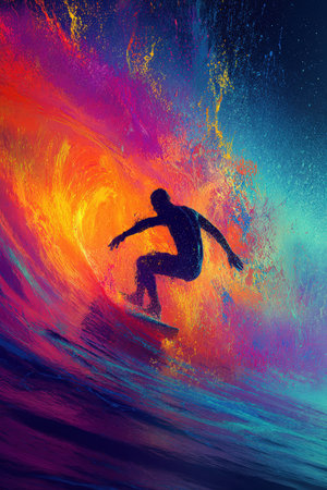 A surfer skillfully rides a vibrant neon wave, creating a dynamic splash of colors. This abstract depiction captures the energy and creativity of cinematic sports in a unique style.の素材
