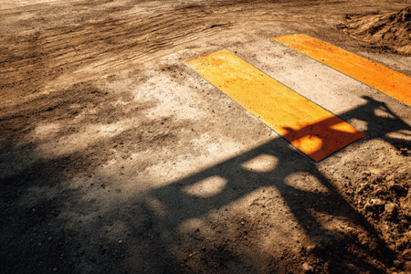 Image of a construction zone featuring a sign and temporary road markings on a freshly dug site. Strong shadow lines and high detail enhance the industrial setting.の素材