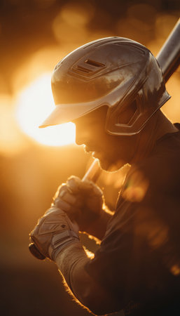 A baseball player adjusts his bat grip, bathed in the golden glow of a sunset. The serene moment captures the calm before the swing, with sun halos around his helmet.の素材
