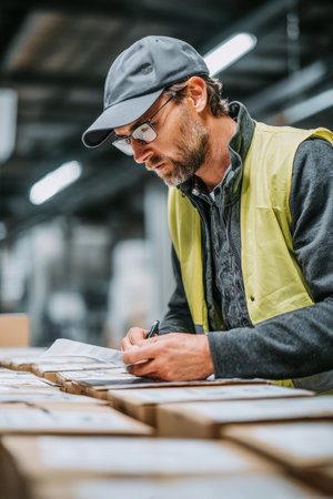 A focused warehouse employee manages a sorting schedule from a printed list while organizing packages by shipping method. The image features neutral tones and sharp clarity.の素材