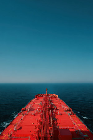 A vibrant red ocean tanker sails through a deep blue sea under a clear sky. The image captures the industrial architecture on deck, evoking a serene maritime atmosphere.の素材