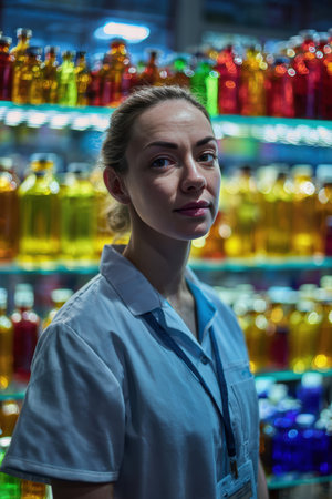Healthcare professional in a clean pharmacy setting, surrounded by vibrant medicine bottles. Cinematic focus and lighting enhance the scene's professional atmosphere.の素材