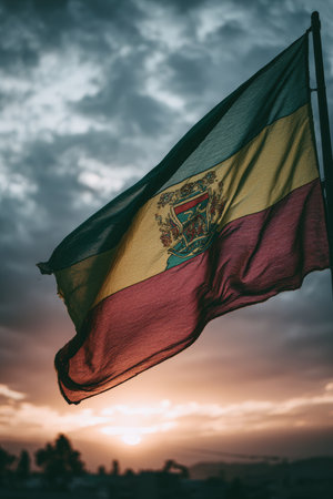 The Ethiopian flag waves gently in a vertical cinematic shot, showcasing its green, yellow, and red colors with an emblem. The sky is softly hazy, creating a calm, atmospheric mood.の素材