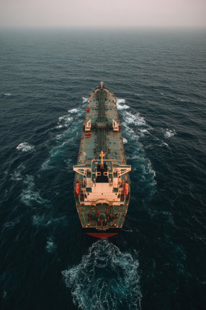 Aerial shot of an expansive oil transport ship with a symmetrical deck layout, surrounded by gentle ocean ripples. The tranquil scene features minimal sky gradient and crisp industrial details.の素材