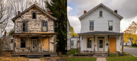 A striking comparison of a house's transformation, showcasing the left side as old and deteriorated, while the right side is freshly painted and renovated, highlighting dramatic change.の素材