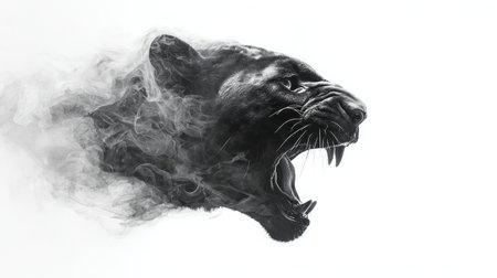 A powerful panther head formed from dense dark smoke with smooth glowing edges, set against a stark white background. The image showcases clean contrast and precise details.の素材