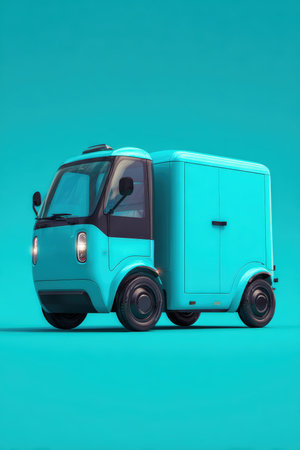 A stylized render of an electric autonomous delivery vehicle with a minimal design and clean lines, set against a solid background. Ideal for logistics and branding concepts.の素材