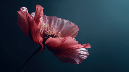 A striking poppy flower is showcased against a dark backdrop, highlighting its rich tones and smooth gradients. The image captures the essence of floral minimalism with cinematic flair.の素材