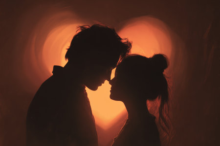 Silhouette of a couple in a romantic pose against a glowing heart background, featuring warm cinematic color grading. The image evokes feelings of love and intimacy.の素材