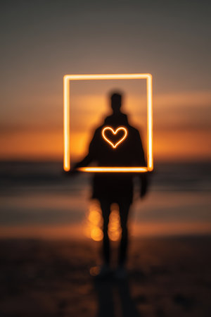 Silhouette of a man with a glowing heart in hand against a vibrant sunset. The poetic warmth and cinematic framing create a romantic and dreamy atmosphere.の素材