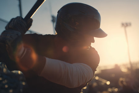 A baseball batter prepares to swing, coiling the bat backward as sunlight outlines his helmet and shoulders. A fielder crouches in the distance, adding to the cinematic tension.の素材