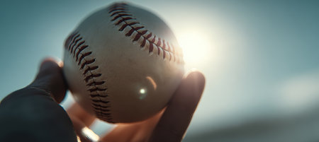 A close-up, elongated shot of a baseball gently held in a player's hand, featuring a sun flare in the background. The image captures a minimalist sports aesthetic with soft focus.の素材