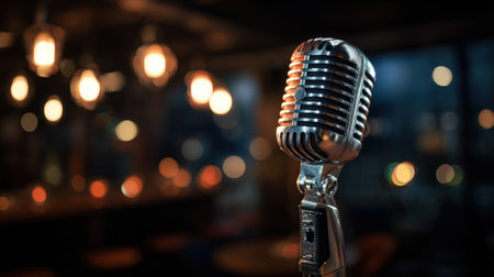 A classic silver microphone glows under a spotlight in a moody jazz club setting, surrounded by soft bokeh lights. The cinematic low light tone enhances the ambiance.の素材