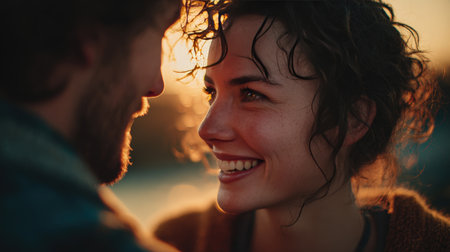 A young couple shares a warm smile, captured in soft evening light. The cinematic shallow focus enhances the authentic connection and romantic atmosphere of the moment.の素材