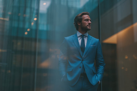 Mid-shot of a professional in a blue suit standing confidently in a modern workspace. The image features cinematic soft tones and reflections, creating a sophisticated atmosphere.の素材