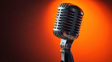 Artistic close-up of a chrome microphone set against a glowing orange backdrop, evoking a jazz club ambiance. The cinematic lighting enhances the vintage concert vibe.の素材