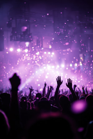 A vibrant dance event featuring illuminated crowd silhouettes against a purple haze, with sparkling confetti creating a cinematic atmosphere. Captured with a shallow depth of field.の素材