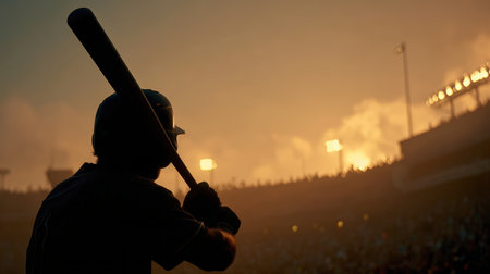 A baseball player holds a bat high against a setting sun, creating a dramatic silhouette. Stadium lights and a dreamy haze enhance the cinematic sports atmosphere.の素材
