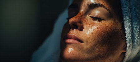 Close-up of a person enjoying a peaceful spa therapy session in the morning light. The image captures natural tones and textures, emphasizing relaxation and tranquility.の素材