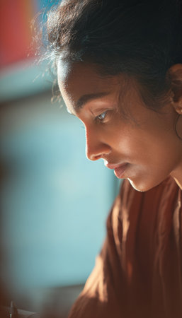 A South Asian therapist takes notes during a session in a calming office with pastel walls. Afternoon sunlight filters through a window, creating a thoughtful and supportive atmosphere.の素材