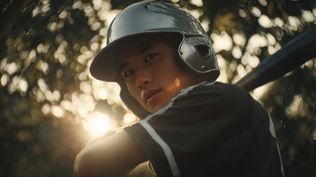 East Asian youth baseball player wearing a silver helmet and dark jersey, captured mid-swing. The scene is set outdoors with bright foliage and gentle sunlight, creating a cinematic effect.の素材