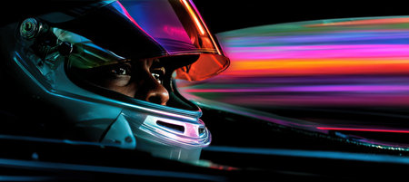Close-up of a motorsport driver in a helmet, with vivid rainbow light streaks across the windshield, creating a dramatic and dynamic scene.の素材