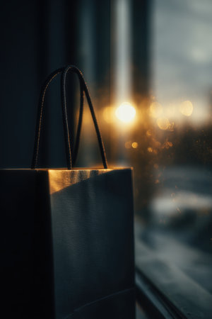 A minimalist and refined composition featuring a black shopping bag illuminated by a golden-hour glow. The blurred background enhances the moody indoor atmosphere.の素材