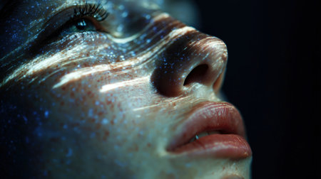 A cinematic close-up of a woman's face with digital transformation effects, highlighting skincare. The clean, clinical lighting enhances the futuristic and artistic presentation.の素材
