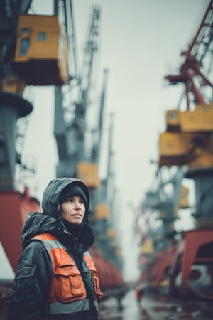 A woman worker stands at a busy dockyard, surrounded by towering shipping cranes. The image captures a cinematic industrial scene with a bright, professional tone.の素材