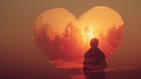 A silhouette stands against a warm golden sunset, framed by a heart shape with a forest backdrop. The double exposure creates a cinematic and hopeful storytelling atmosphere.の素材