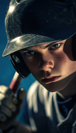 Vertical portrait of a young baseball player with a dark helmet, captured mid-swing. The natural lighting highlights his focused expression against a bright background.の素材