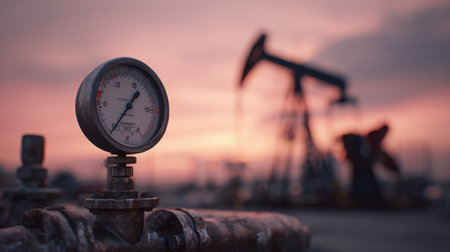 A gauge and pipe assembly is captured at dusk with a pink-orange sky. A pumpjack silhouette is visible in the background, creating a calm and cinematic ambience.の素材