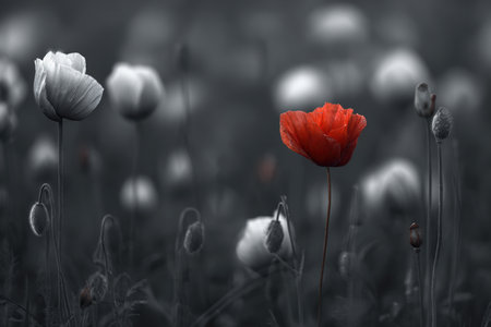 A striking red poppy stands out against a blurred grayscale field of blooms, creating a dramatic and poetic natural contrast in this captivating floral scene.の素材