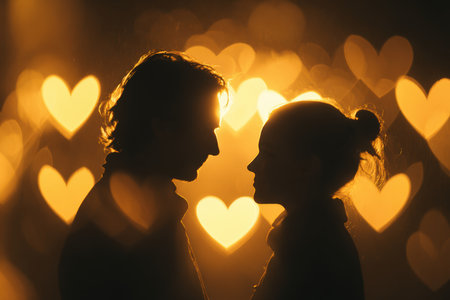 Silhouette of a couple facing each other under glowing heart-shaped bokeh lights. The warm golden tones and dreamy atmosphere create a cinematic and emotional romantic scene.の素材