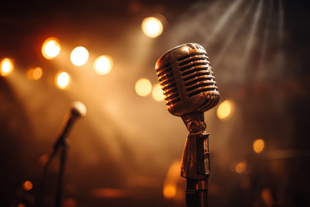 A vintage microphone stands in the spotlight on a live concert stage, surrounded by warm golden tones. The scene captures the dramatic energy and cinematic realism of a live performance.の素材