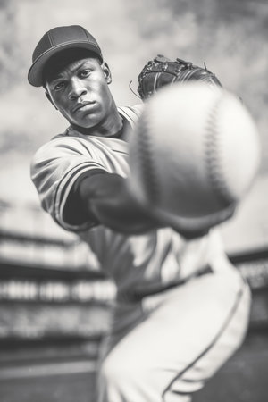 A baseball player in an athletic uniform captured mid-swing, with the ball in sharp focus. The empty ballpark and cool cinematic tones enhance the dynamic action shot.の素材