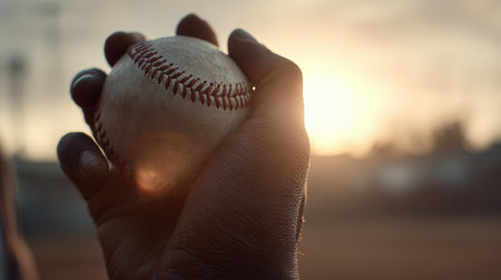 A deep brown-skinned hand grips a baseball tightly, with sunlight peeking through the fingers. The baseball diamond stretches into the distance, creating a cinematic sports atmosphere.の素材