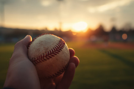 A close-up image of a hand gripping a baseball with warm sunset light flaring between the fingers. The green outfield is visible in the distance, creating a cinematic sports realism.の素材