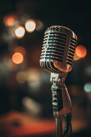 A vintage-style microphone is set against a backdrop of soft glowing bokeh, creating an intimate and nostalgic cinematic atmosphere reminiscent of classic performances.の素材