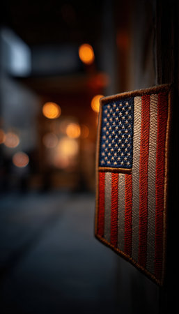 A solemn vertical image featuring a softly lit flag patch against a blurred background, evoking reflection and honor. The warm lighting adds a sense of reverence and contemplation.の素材