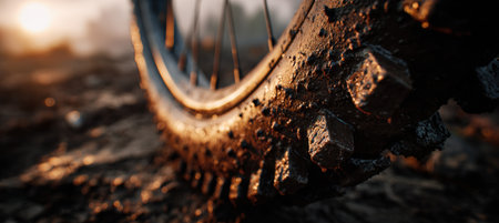 Close-up image of a muddy off-road tire with thick dirt textures and mud splashes. Captured in rugged mountain terrain during golden hour, showcasing adventure photography style.の素材