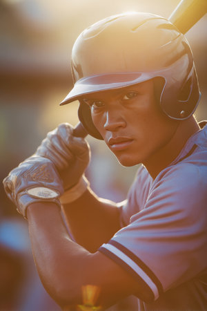 A baseball player with a bat, poised to swing under warm sunlight. The athlete's focused expression and controlled posture are highlighted, with a blurred defense in the background.の素材