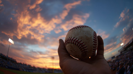 A wide-angle shot captures a hand holding a baseball against a dramatic sky with an orange horizon, evoking pre-game anticipation. The scene is atmospheric and vibrant.の素材