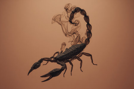 Artistic depiction of a scorpion with a raised tail, crafted from dark smoke lines against a muted terracotta backdrop. The image is sharp, striking, and full of tension and style.の素材