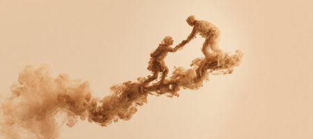 Artistic smoke figures illustrate one person helping another, symbolizing support and empathy. Set against a pale beige backdrop, ideal for community or nonprofit branding.の素材