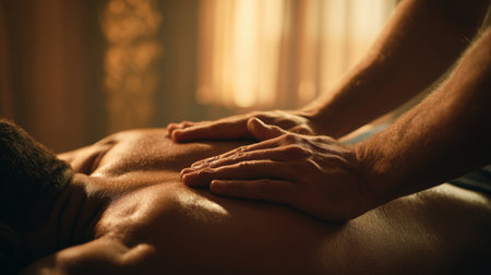Close-up of a therapist performing a back massage under soft, warm lighting in a luxury wellness center, creating a comforting and peaceful atmosphere.の素材