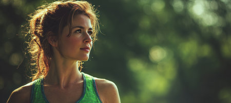 A woman in a green top jogs through a serene park, surrounded by lush greenery. The soft lighting and natural focus create a calming, lifestyle atmosphere.の素材