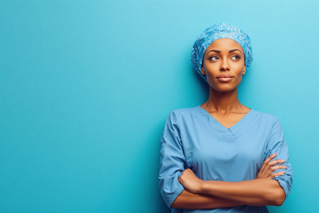 A Black female anesthesiologist stands confidently with folded arms, wearing a surgical cap and blue scrubs, set against a solid cyan background, exuding focus and serenity.の素材